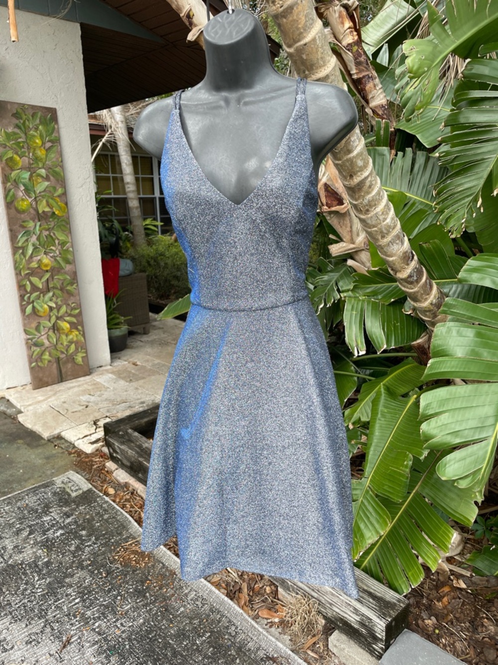 Xscape silver, and blue fit and flare mini dress